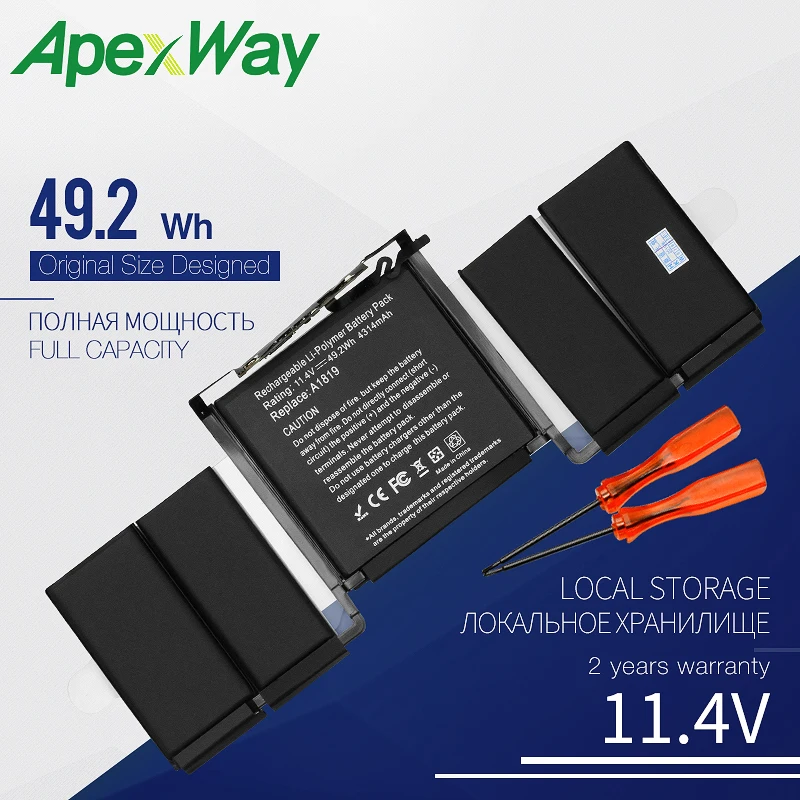 Apexway 11.4V 4314mah A1819 Laptop Battery for Apple Macbook Pro 13'' Touch Bar A1706 2016year With Tools Screwdriver Battery