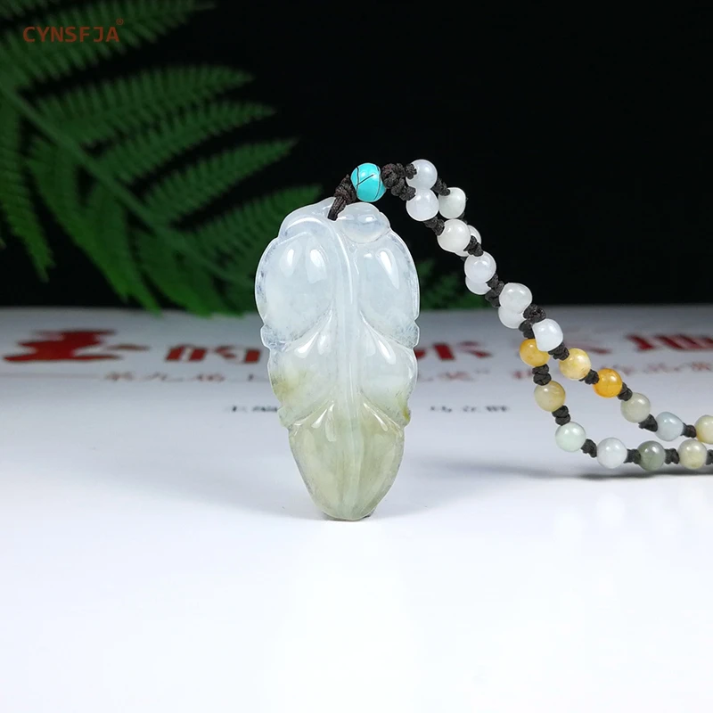 

CYNSFJA Real Certified Natural A Grade Burmese Jadeite Amulet Leaf Jade Pendant High Quality Ice Green Hand Carved Best Gifts