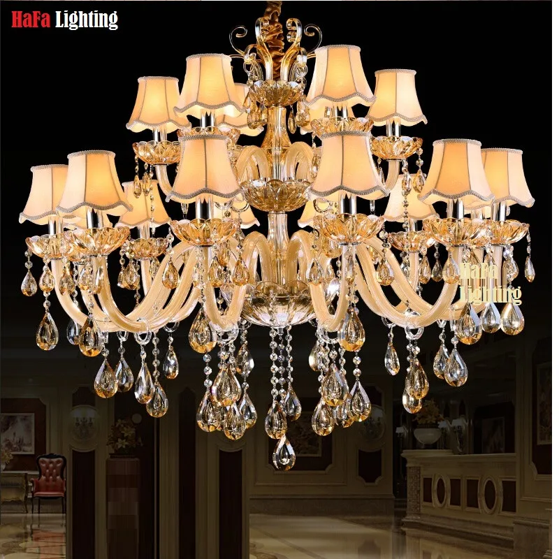 Large 15/18/24/34 lights 2/3 Fl Modern Big Lustres 100% K9 Crystal Luxury Home Decoration Amber Silver Villa Chandelier Lighting