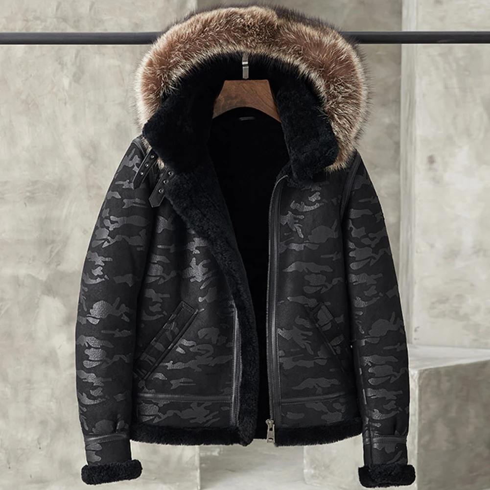 Shearling Jacket Men Detachable Hooded B3 Bomber Jacket Men Shearling Fur Coat Black camouflage