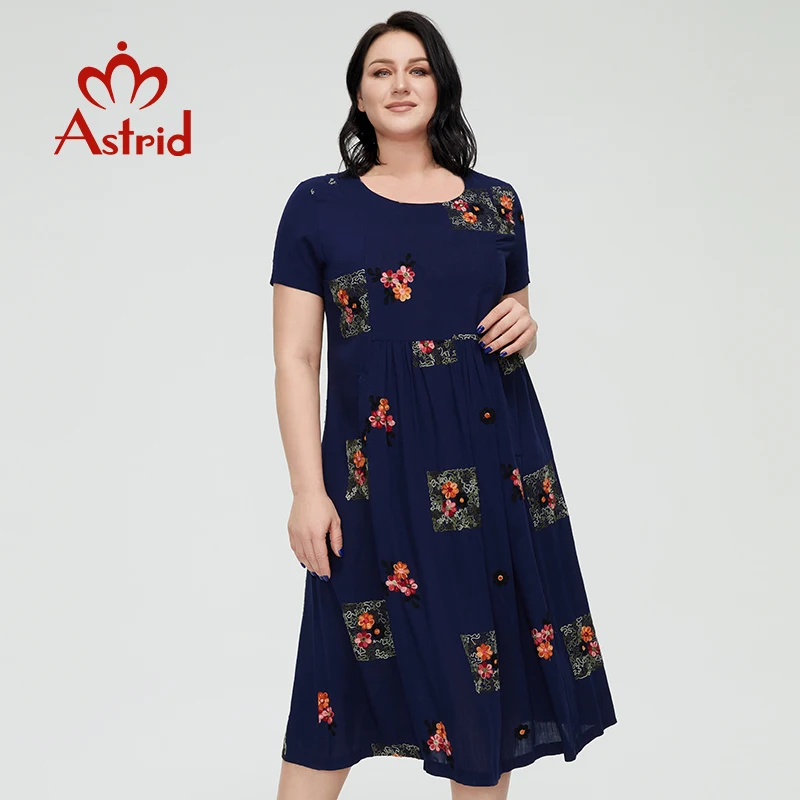 Astrid Women's Summer Dress 2022 for Women Boho Casual Elegant Vintage Dress Linen Oversize Embroidery Flower Long with Pocket