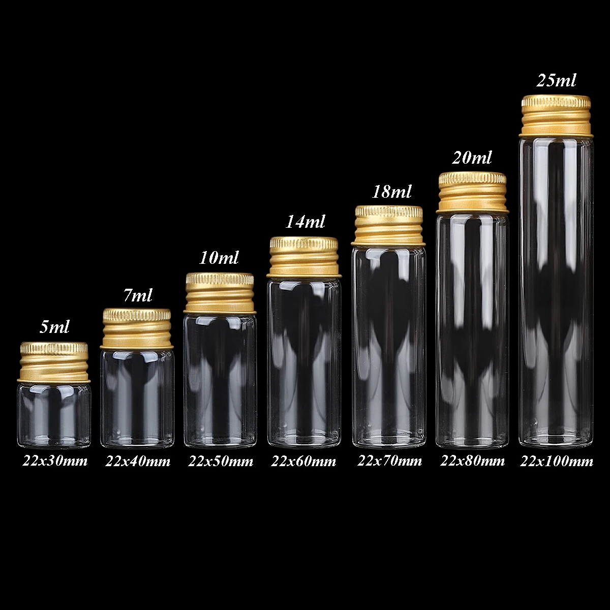10szt Dia 22mm 5ml/7ml/10ml/14ml/18ml/20ml/25ml Szklane butelki Szklane słoiki ze złotymi aluminiowymi pokrywkami Słoiki na przyprawy Butelki na perfumy
