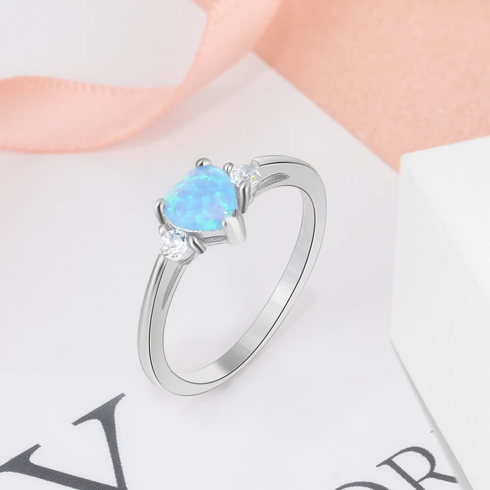 Silver Color Heart Rings Blue Opal Ring CZ Finger Ring with Cubic Zirconia Engagement Wedding Gift Fashion Jewelry for Women