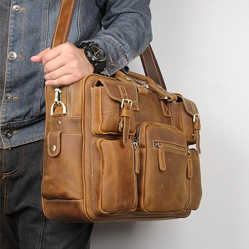 Luufan 42cm Large Men Leather Briefcase 15.6 Inch Leather Laptop Bag Shoulder Bag Briefcase Work Totes Brown Travel Bag