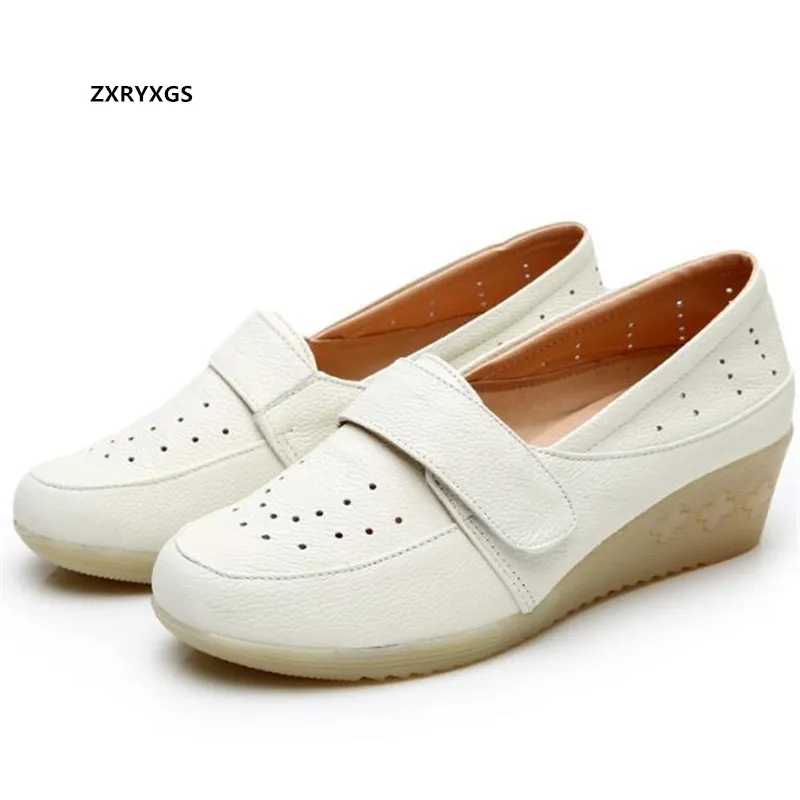 

ZXRYXGS 2024 Spring White Nurse Shoes Genuine Leather Breathable Hole Shoes Sandals Wedges Soft Comfortable Women Leisure Shoes