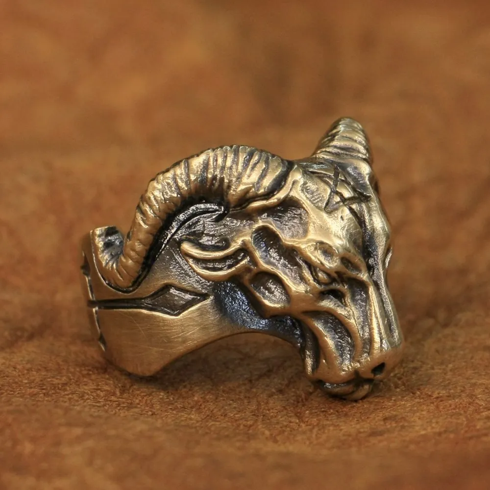 LINSION High Detail Brass Satan Argali Ring Mens Biker Rock Punk Ring BR272 US Size 7~15