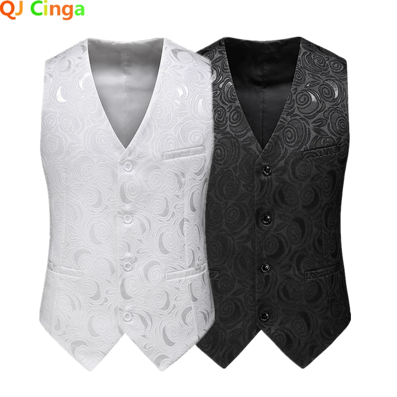 White Rose Sleeveless Waistcoat, Men\'s Single-breasted V-neck Business Vest, Wedding Party Men Vests Blue Red Black S-5XL 6XL