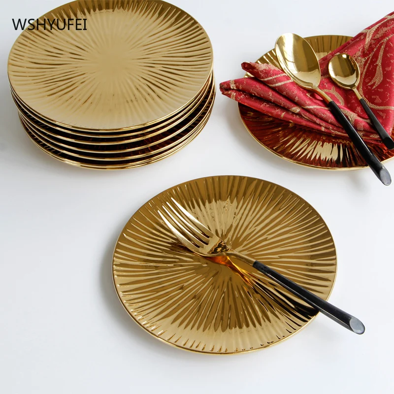 WSQYUFEI Dessert fruit plate Upscale hotel Decorative ornaments Nordic restaurant Kitchen supplies Gilded ceramic dinner plate