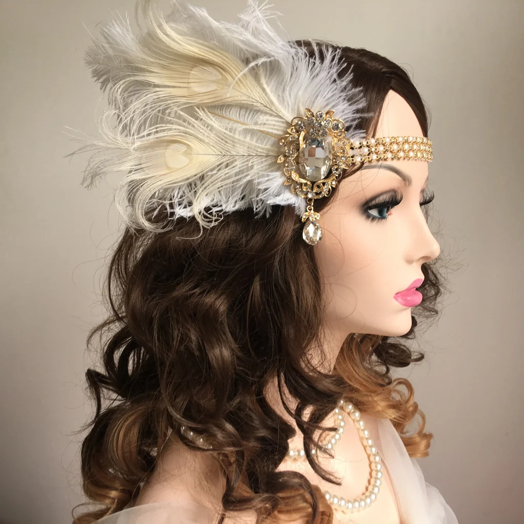 Women Vintage Feather Headband White Rhinestone Metal Chain 1920s Vintage Gatsby Party Headpiece For Party Carnival Accessories