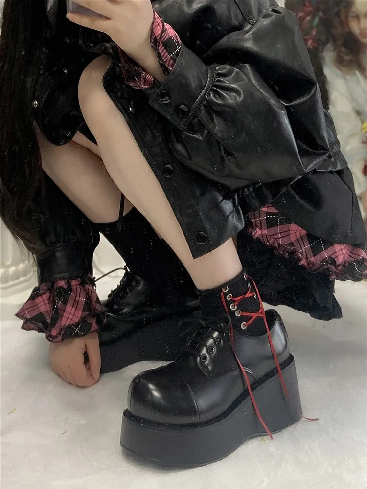 Japanese Harajuku Thick Bottom Big Round Head Women Gothic Punk Lace Up Platform Dark Lolita Girls Goth Anime Cosplay High Heel