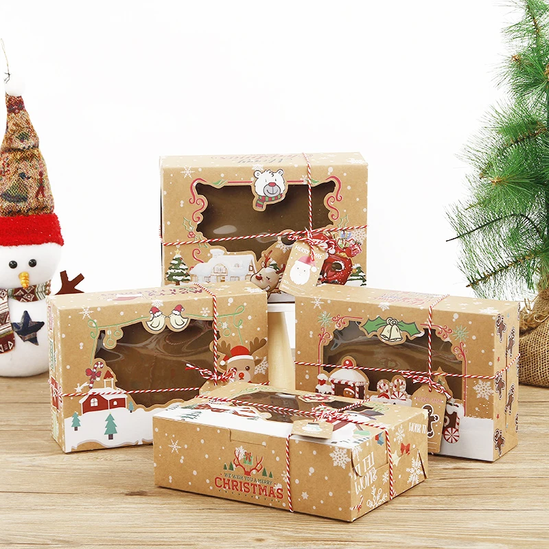 24 Pieces/Lot Christmas Kraft Paper Candy Box PVC Window Opening Humanoid Gingerbread Gift Box Christmas Cookie Folding Box