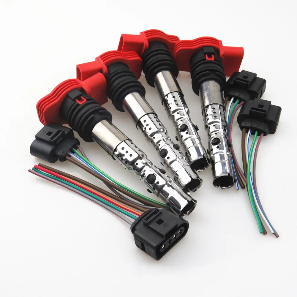 

FHAWKEYEQ 4 Set Red Ignition Coils + Plug Cable Harness For A4 1.9TDI AWX AVB AVF 2001-2005 06C 905 115 L 1J0 973 724 06C905115M