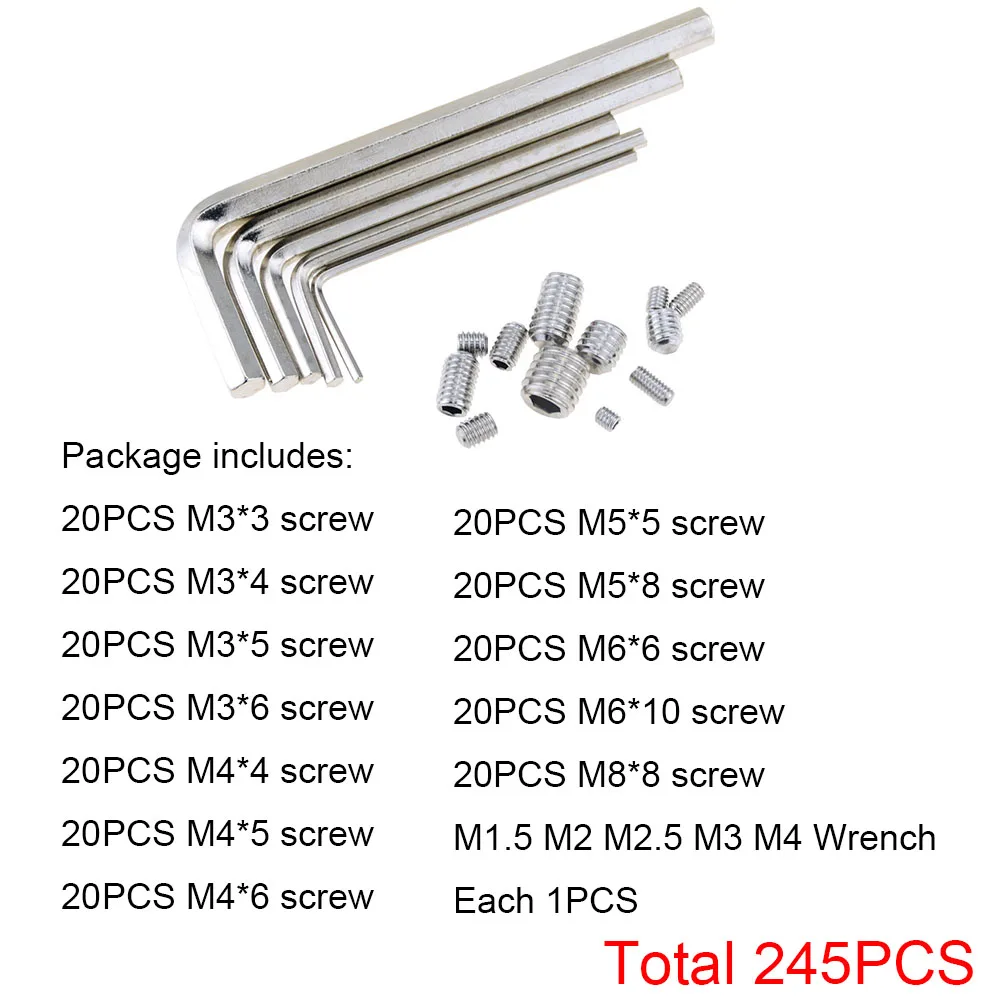 245PCS/BOX Hex Hexagon Socket Set Screw Flat Point Stainless Steel Grub Screw Assortment Kit M3 M4 M5 M6 M8 Headless Set Bolt