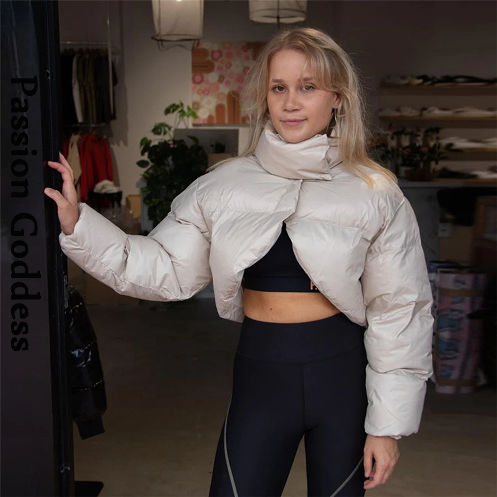 Cute Women Autumn Crop Puffer Jacket Long Slevee Cropped Bubble Coats Outwear Parkas Down Stand Collar Short Jacket Streetwear