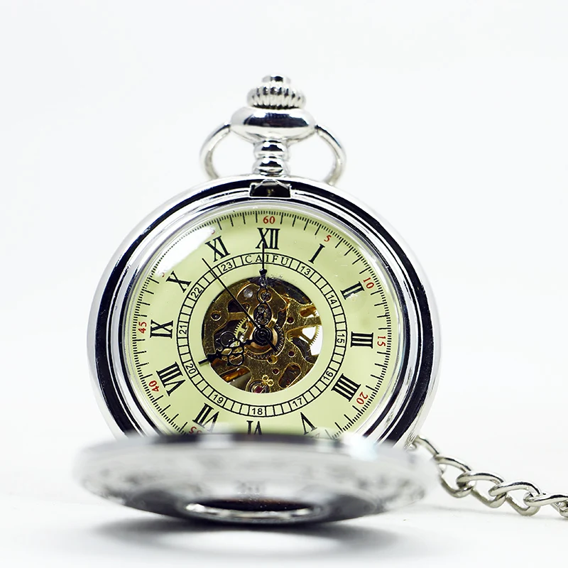 Antique Three Color Hollow Roman Numerals Mechanical Pocket Watch Retro Steampunk Manual Winding Fob Chain Men's Watch