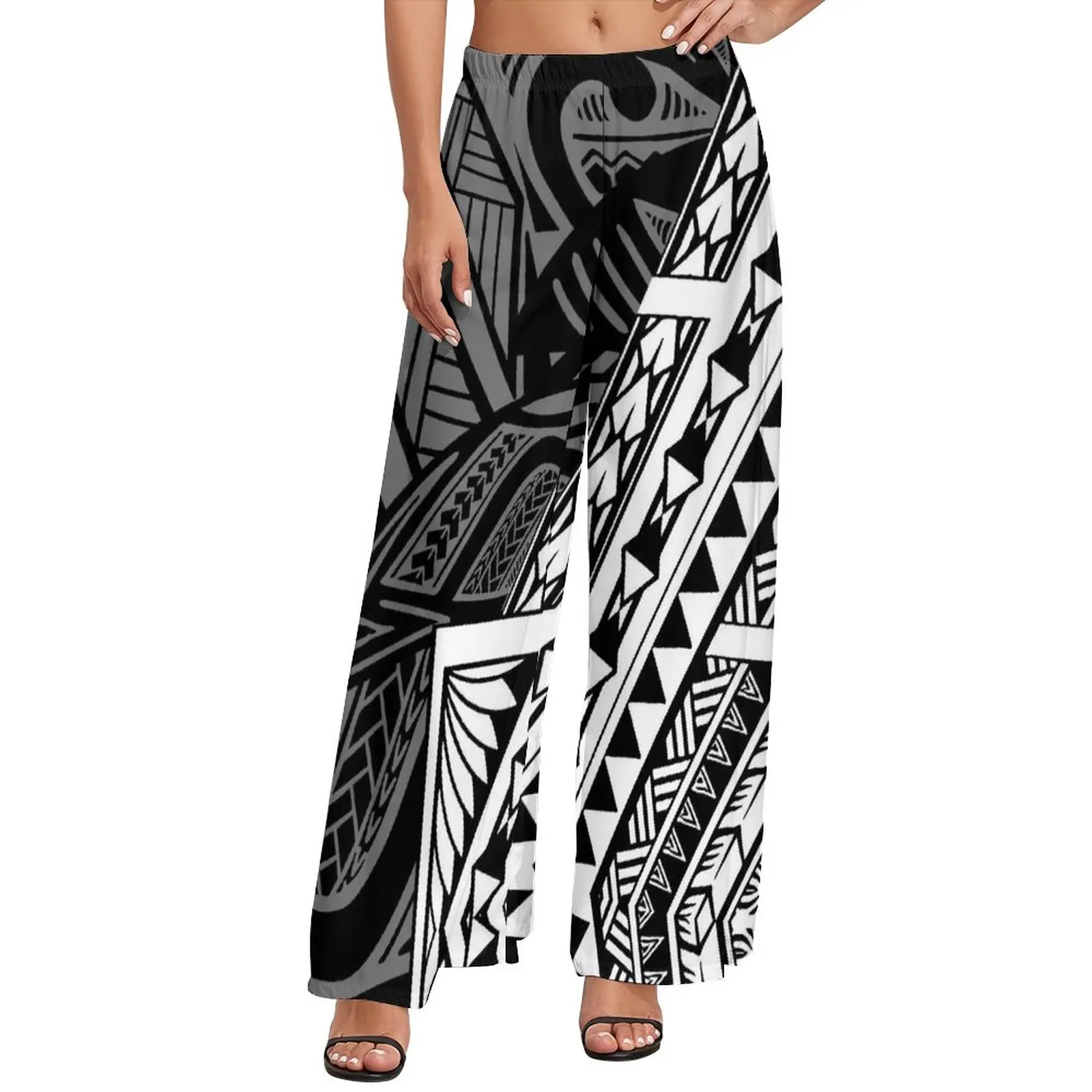 

Good Quality Custom Women's Wide Leg Pants Polynesian Tribal Black and White Background With Stripe Prints Lady Wide Leg Pants