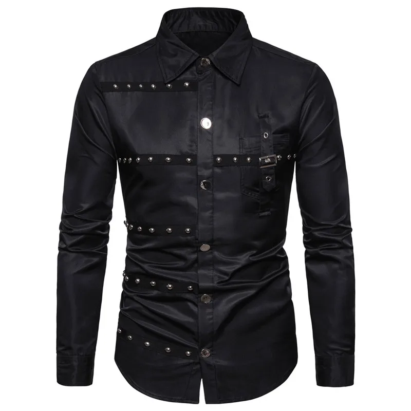 European Version New Mens Gothic Style Rivet Long Sleeve Shirt Dress Casual Hip Hop Male Personality Shirts Fit Slim Clothes