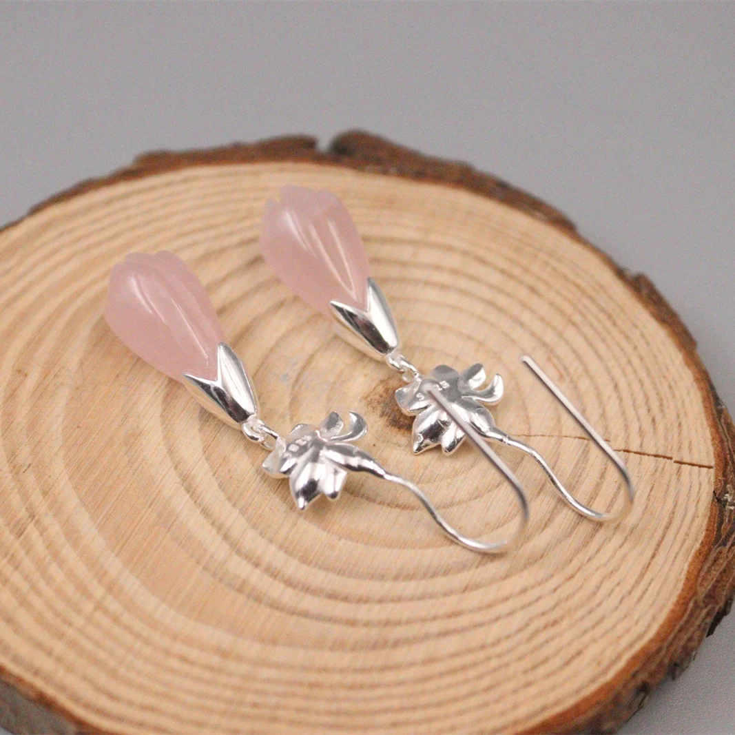 Vintage S925 Sterling Silver Earrings Drop Dangle Flower Pink Crystal Woman Ear Jewelry