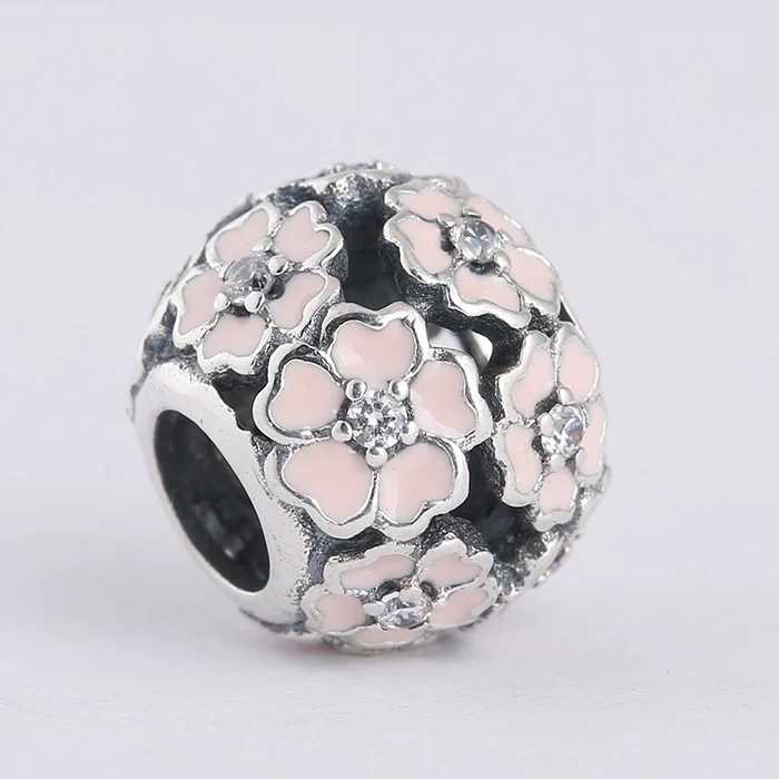 

Pink Enamel Primrose Flower Beads Fit Pandora Charms Bracelet DIY Original 925 Sterling Silver Crystal Beads For Jewelry Making