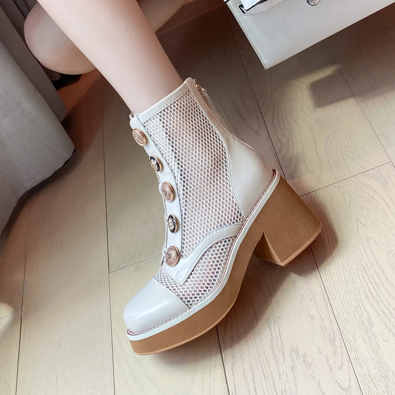 

Genuine Leather Boots Women British Style Square Heel Platform Martin Boots Hollow Outs Mesh Summer Short Boot Bota Feminina