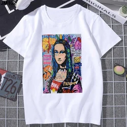 Funny Art Graffiti Mona Lisa Printed Ladies T-shirt Summer Harajuku Women's Short Sleeve T shirt Fashion Streetwear White Tshirt