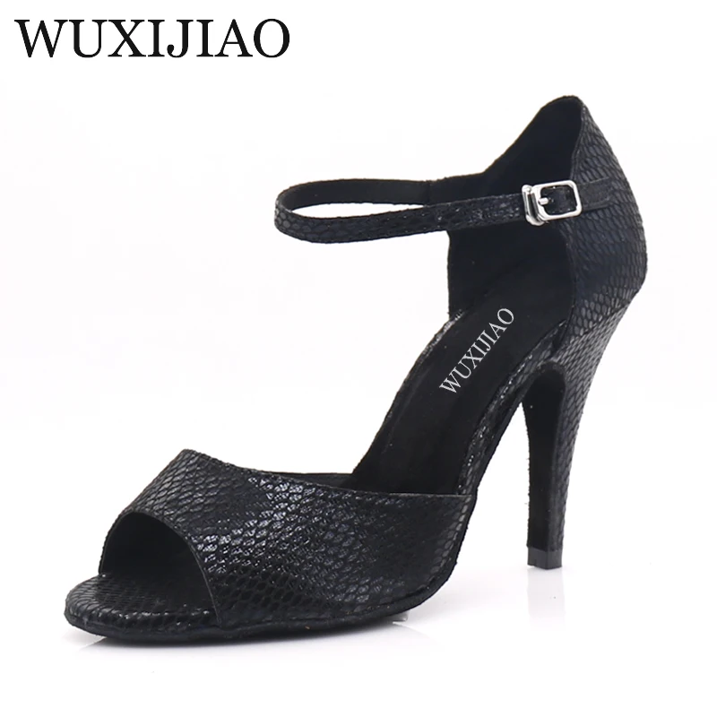 WUXIJIAO-Sapatos de dança latinos femininos, sapatos de salão e festas salsa, pele brilhante, cetim preto, strass grande e pequeno, salto de 9cm