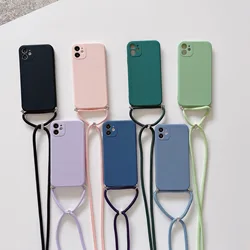 Ultra-thin Lanyard Square Liquid Silicone Phone Case For iPhone 16 15 14 13 12 11 Pro XS Max 8 7 Plus Luxury Necklace Rope Cover