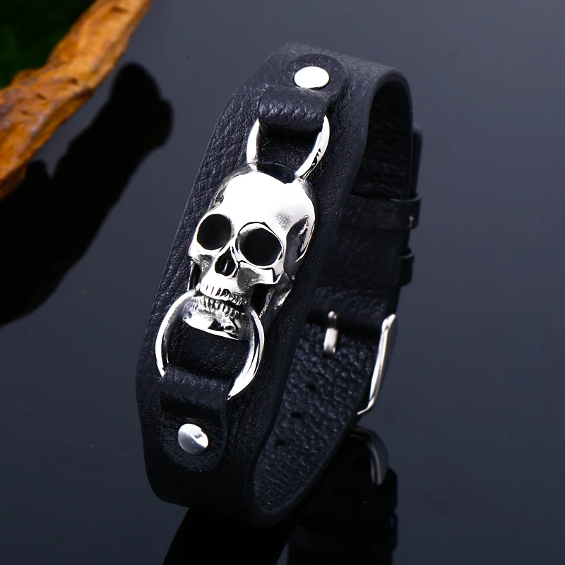 BEIER Punk style Wholesale Drop Ship Man\'s High Quality Genes Skull Leather Bracelet  Bangle For Man BC-L023