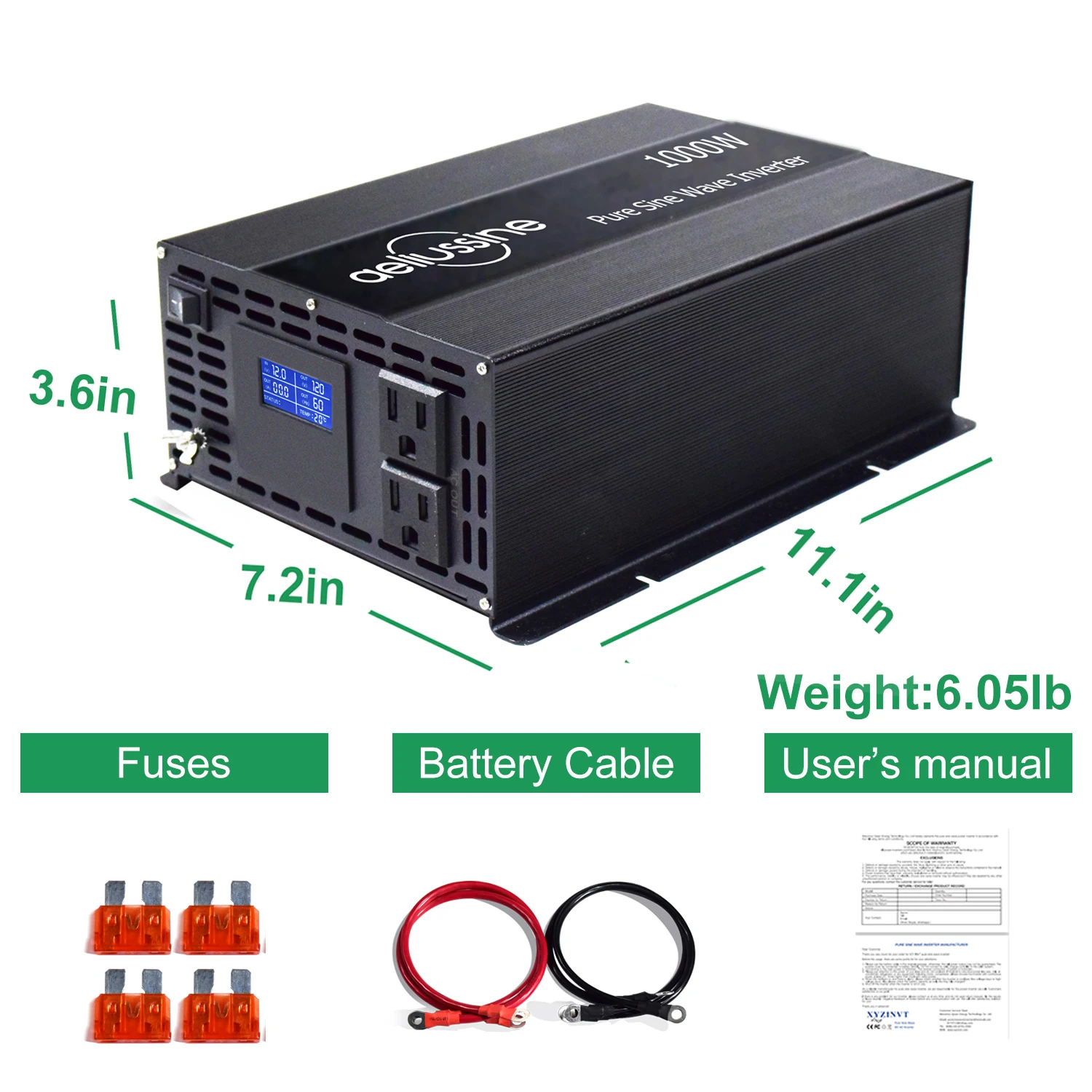 2000W Peak Pure Sine Wave Solar Inverter Power 1000W 12V/24V/36V/48V DC to 120V/220V/230V/240V AC Voltage Converter LCD Display