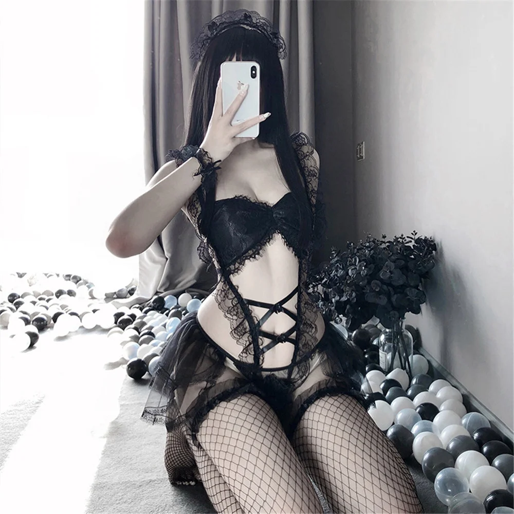 Sexy Lingerie Set Japanese Classical Maid Servant Cosplay Role Play Costume See-through Lace Cute Net Fluffy Skirt  Underwear