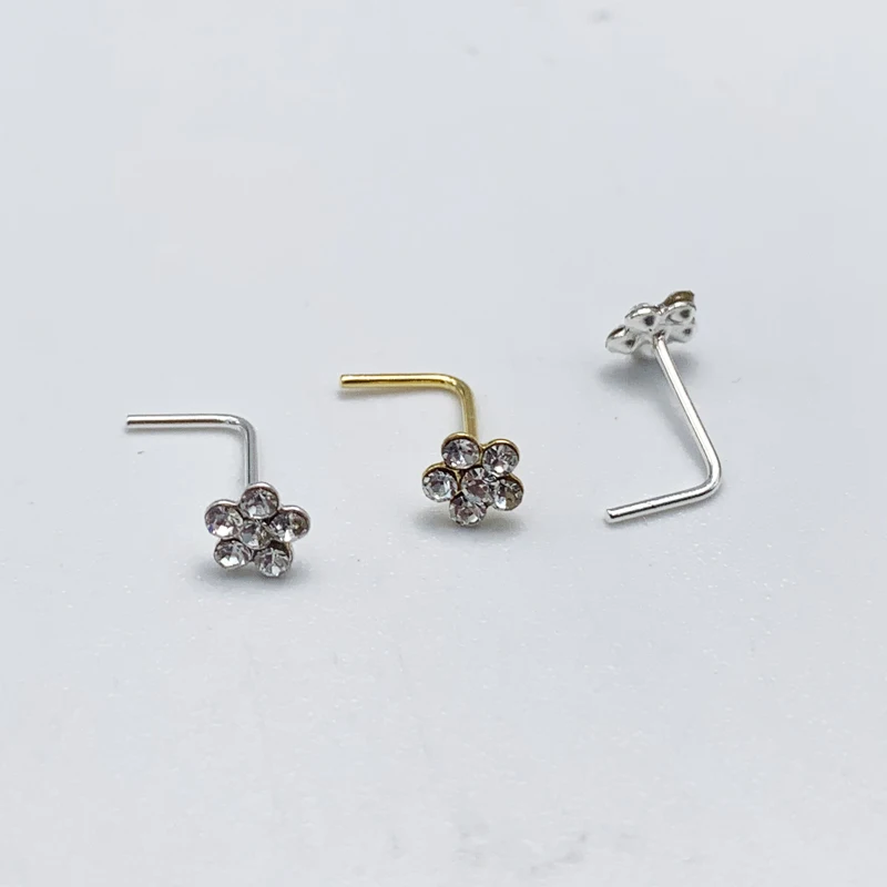 30pcs/lot 925 Sterling Silver Nez Stud Flower Clear Crystal L Shape Nose Studs Piercing Jewelry