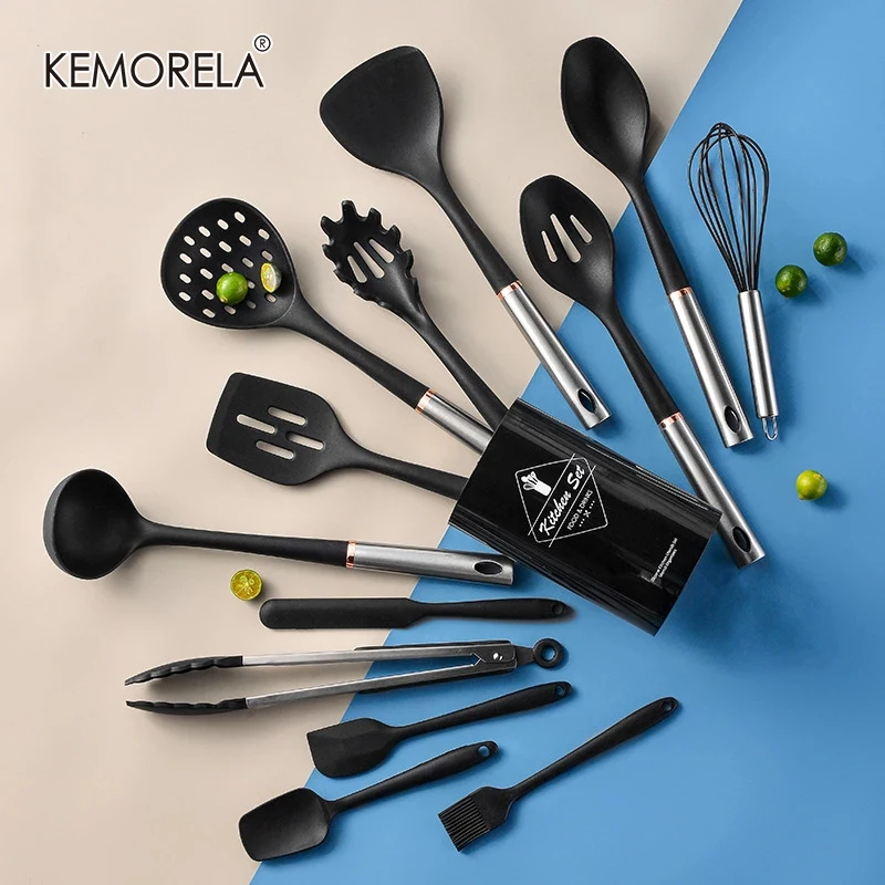 14PCS Silicone Cooking Kitchen Utensils Set Non-Stick Spatula Shovel Stainless Steel Handle Cooking Tools With Kitchen Tool Set