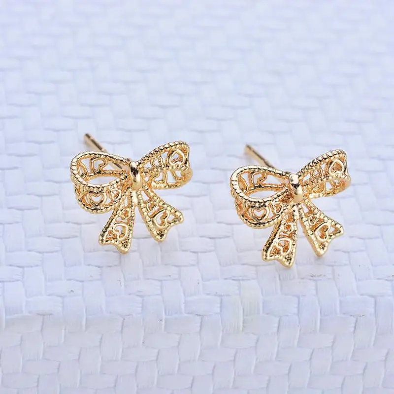 4PCS 9.5*10.5MM 14K Real Gold Color Plted Brass Bowknot Stud Earrings  High Quality Diy Jewelry Findings Accessories