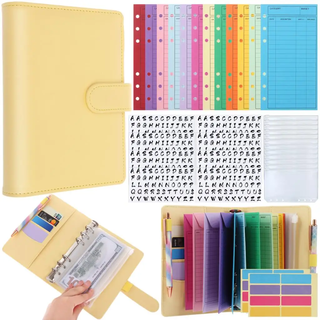 8แผ่นหนัง PU Budget Organizer Binder ซองจดหมายเงินสดระบบโปร่งใส PVC ป้ายสีเคลือบกระดาษสติกเกอร์ตัวอักษร