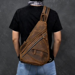 Mochila de un solo hombro para hombre, bolso de pecho de cuero genuino para montar al aire libre, bolsos de cabestrillo para hombre, bolsos de cuero de vaca