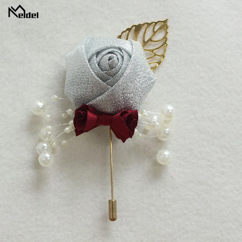 Meldel Wedding Boutonniere Prom Corsage 의식 꽃 남자 브로치 핀 화이트 웨딩 Boutonniere 신랑 단추 구멍 리본 꽃