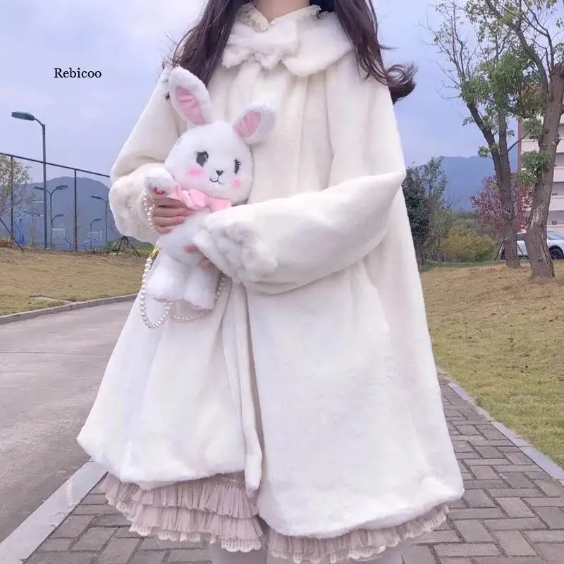 Japanese Lolita Coat Women Winter Kawaii Faux Rabbit Furry Cute Padded Warm Fake Fur Coat Soft Sister Cute Plush Shawl Over