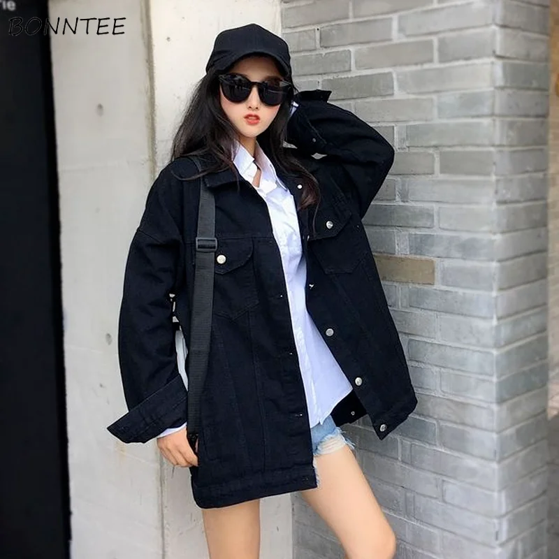 

Basic Jackets Women Vintage Pockets Solid Denim Loose Retro Daily Ulzzang Fashion Newest Autumn All-match Outwear Feminino Coats