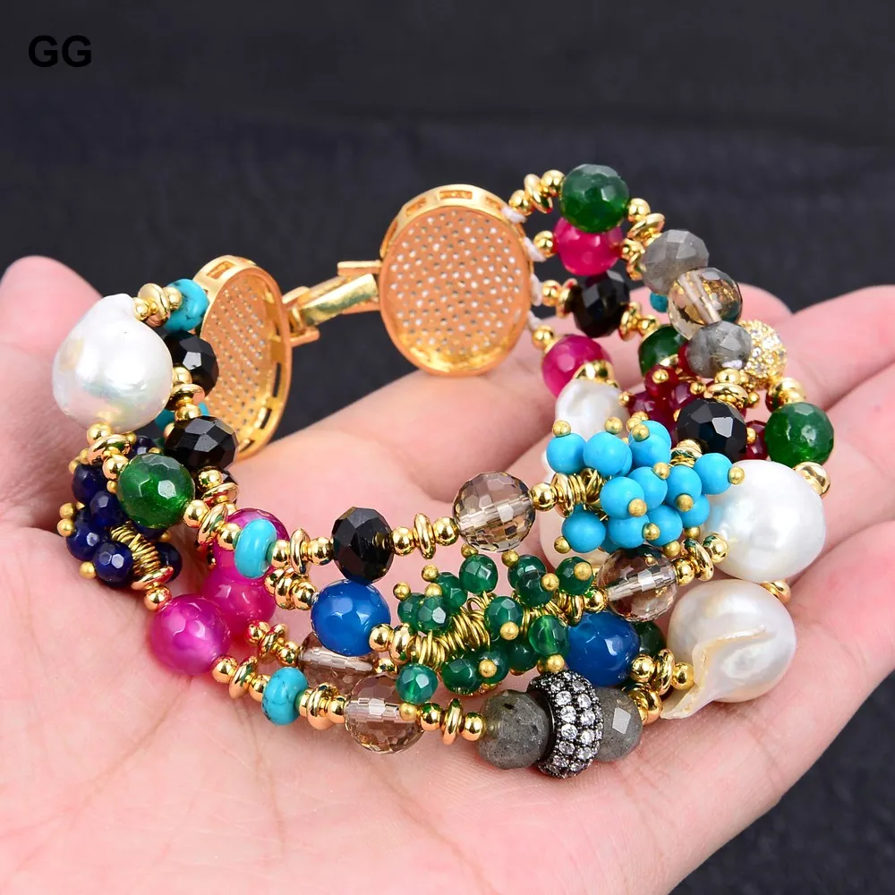 

GuaiGuai Jewelry 8'' 4 Strands Cultured White Keshi Pearl Agate Jade Turquoise Cz Bracelet