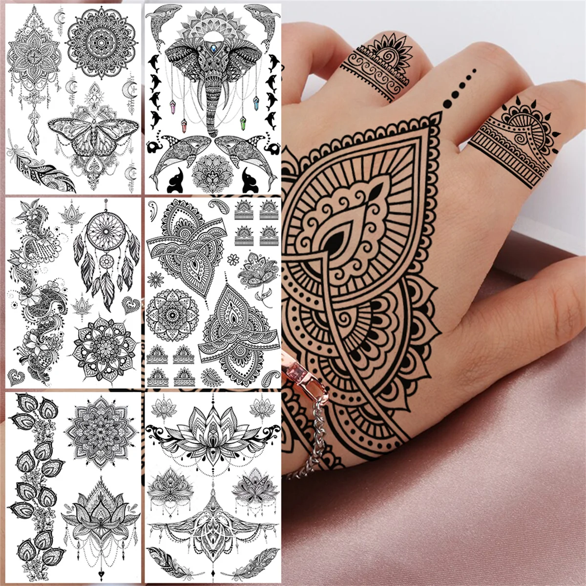 Mandala Henna Tribal Temporary Tattoo For Women Girls Elephant Lotus Flower Tattoos Sticker Fake Lace Disposable Tatoos Finger