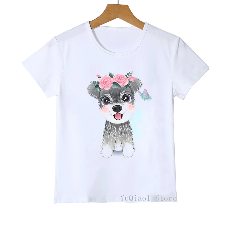 Cute Poodle/Schnauzer/ShihTzu/Corgi/Bulldog/Cavalier King Charles/Siberian Husky Dog With Floral Kids White T-Shirt Girl Clothes