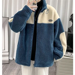 Winter Coats Men Fashion Stand Up Collar Zipper Patchwork Loose Outerwear Plus Velvet Thickening Warm Lamb Wool Coat Winterwear