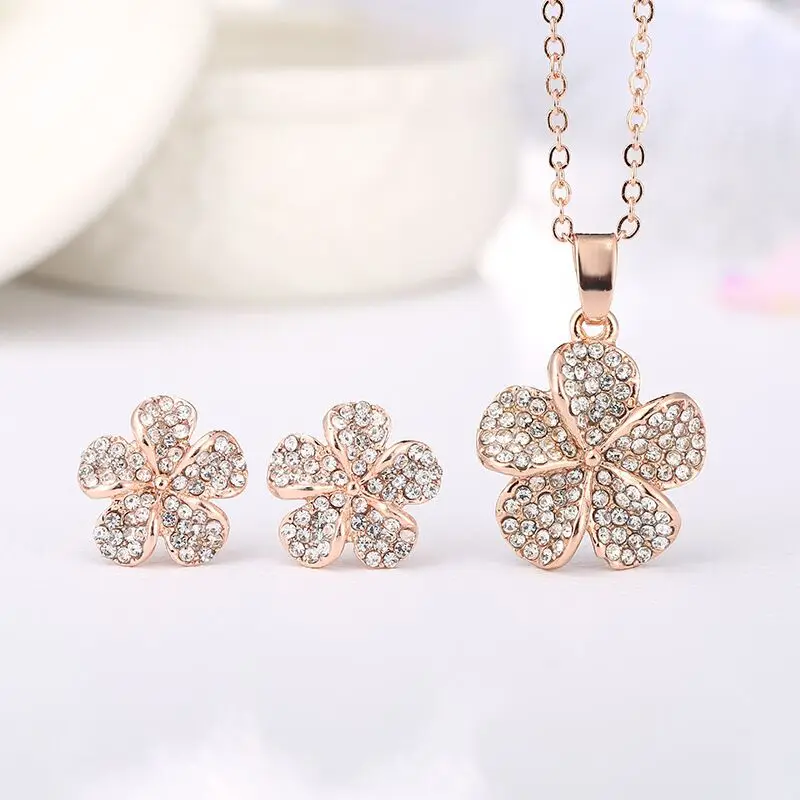 QiLeSen Fine jewelry 925 sterling silver suitable for ladies set, Petal gold Necklace Earring Set YW166