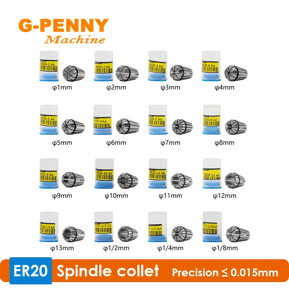 G-PENNY Machine Spindle Collet ER20 Precision 0.015 Collet 1-13mm,1/4,1/8,1/2mm Collet for CNC Milling lathe tool and spindle