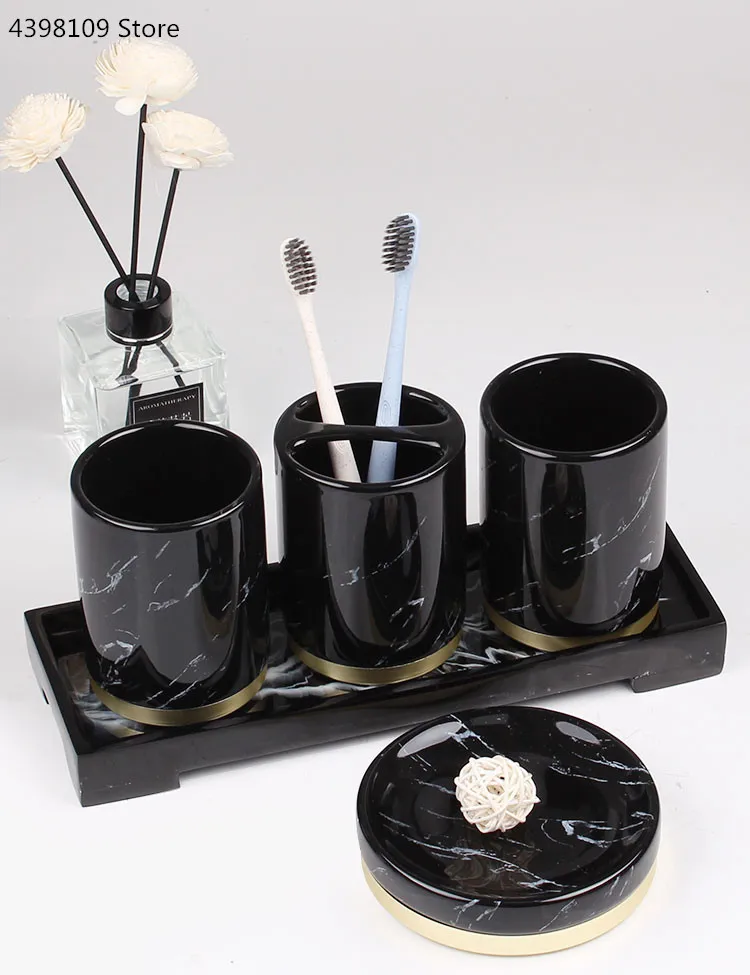 Black Marble Texture Ceramic Bathroom Supplies / Bathroom Accessories with Dispenser Toothbrush Holder Soap Dispenser Tray