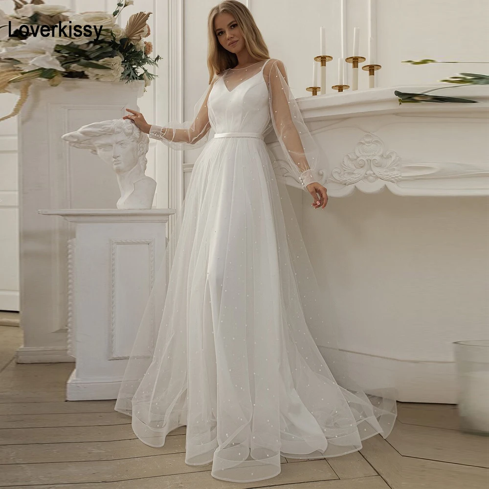 Loverkissa – robe de mariée en mousseline de soie, style Boho, manches bouffantes, à lacets, robe de plage pour femmes, ligne A