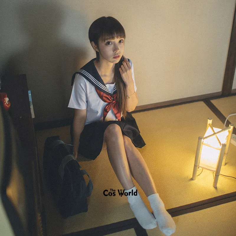 White Navy Blue Summer Navy Sailor Suit Tops Skirts JK High School Uniform Class Uniform Students Cloth