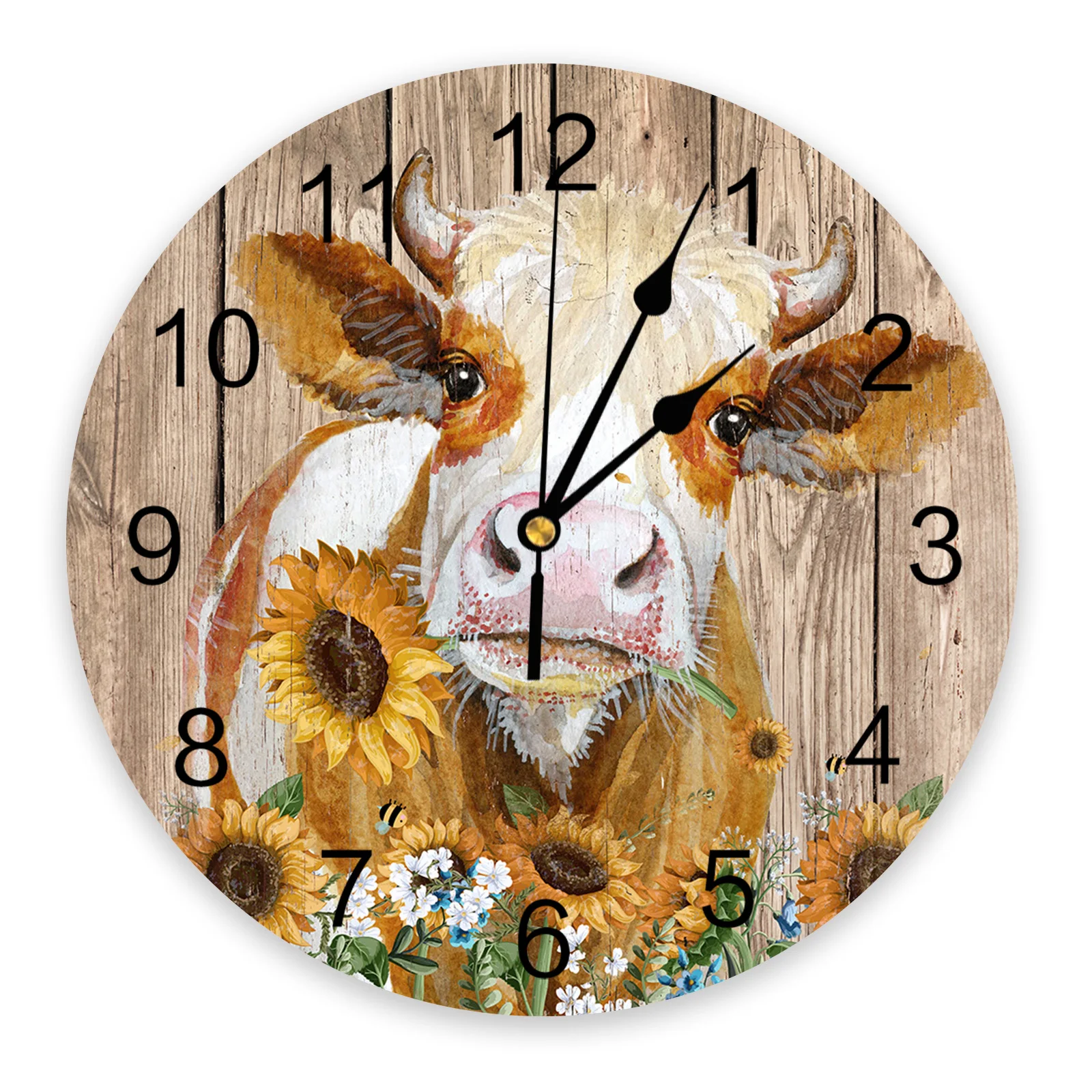 Cow Sunflower Farm Wood Plank Texture Living Room Clock Wall Round Clocks Decor Home Bedroom Kitchen Decoration Wall Clocks