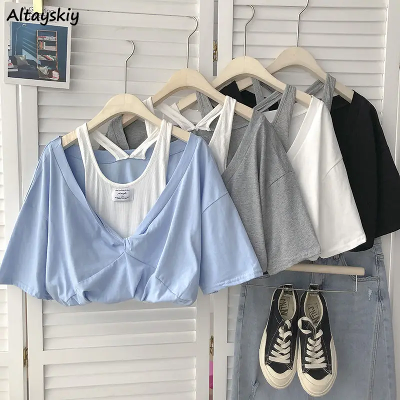 T Shirt Women Slim Fashion All-match Off Shoulder Korean Style Patchwork Students Simple Casual Ladies Summer 3 Colors Top Basis