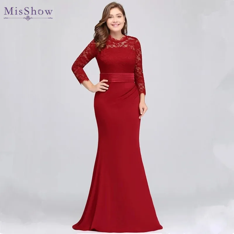 Misshow Plus Size Eyelash Lace Mermaid Maxi Dress Female Casual Mermaid Three Quarter Sleeve Women Party Dresses with Sash